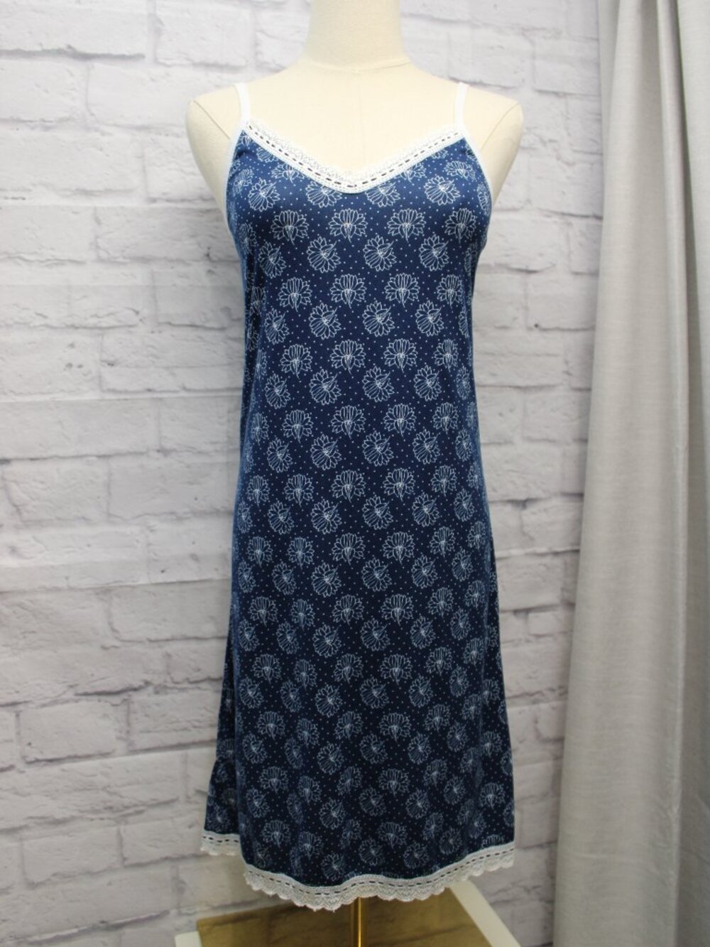 Mayfair Small Navy White Lotus Flower Spaghetti Strap Summer Nightgown